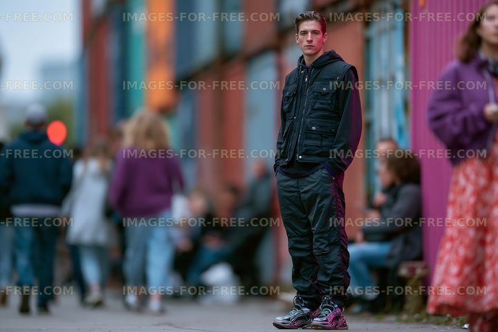 Young man standing on urban street during evening hours
