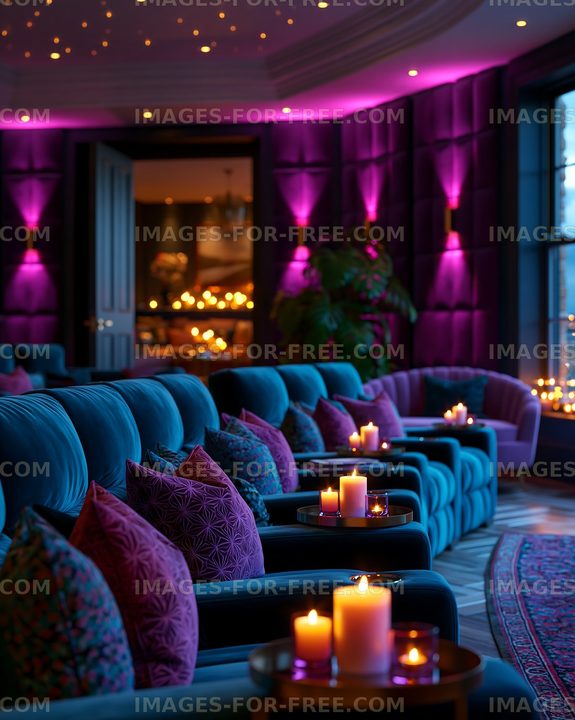 Lounge area with candles and purple lighting in a cozy setting