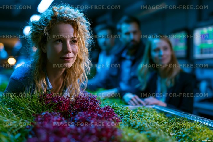 Group of people observing plants in a research facility at night