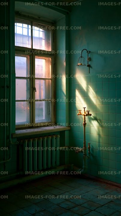 Sunlight through the window in an empty room with blue tiles