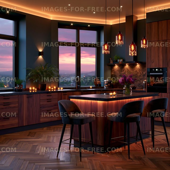 Modern kitchen interior with city view at sunset