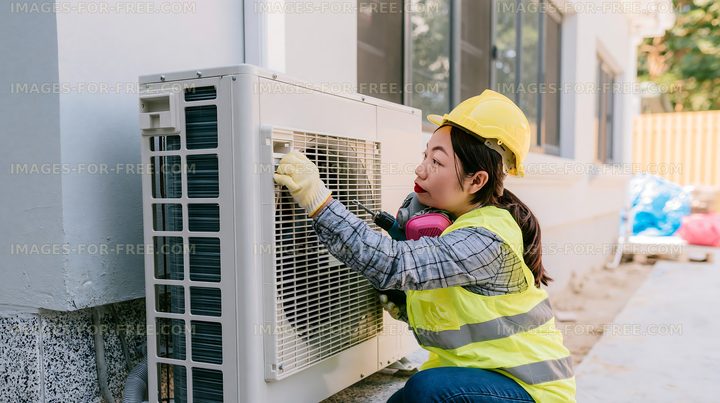 Woman adjusting air conditioning unit during construction work