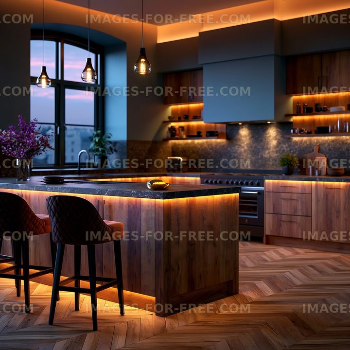 Modern kitchen with warm lighting and wooden accents