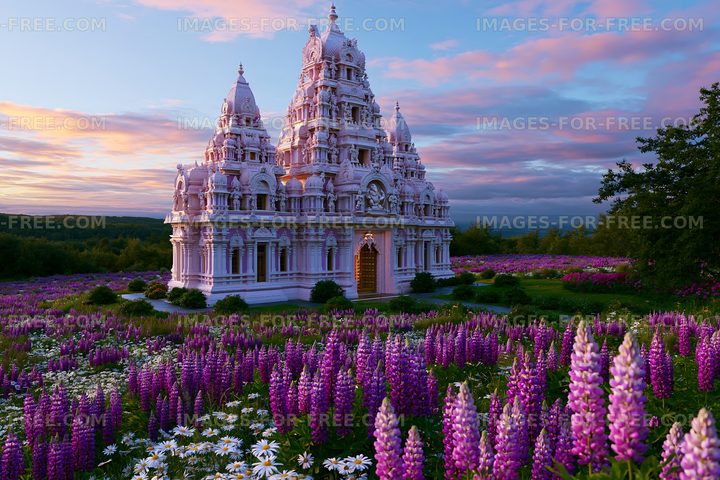 Colorful flowers surround a temple during sunset