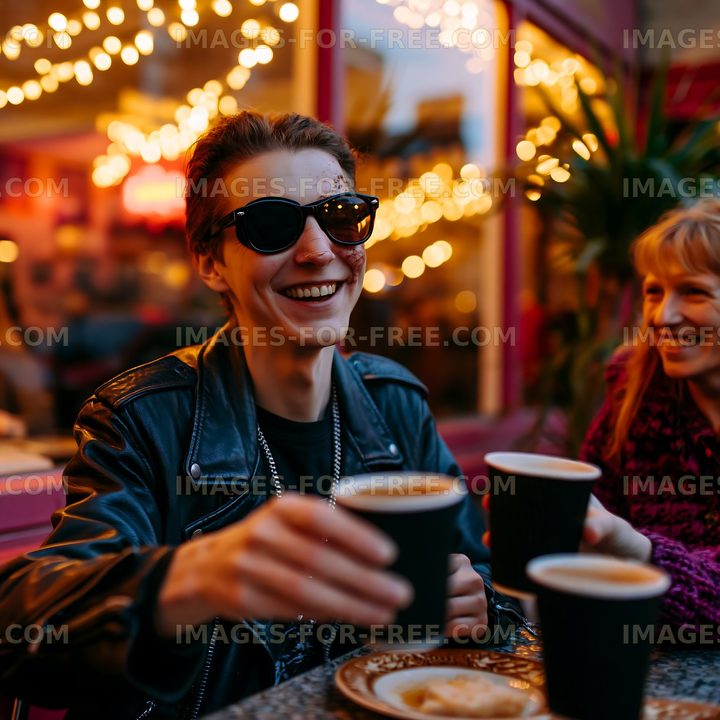 Two friends enjoying coffee at a cafe with festive lights