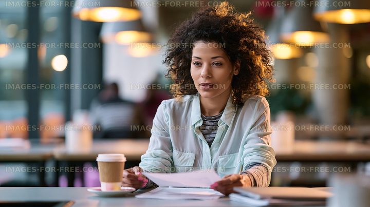 Businesswoman working at a cafe table with documents and coffee