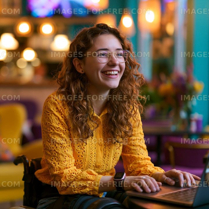 Young woman sits at a laptop and smiles while working in a cafe