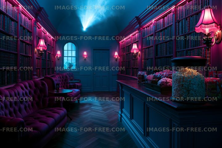 Cozy library with popcorn and warm lighting in an indoor setting