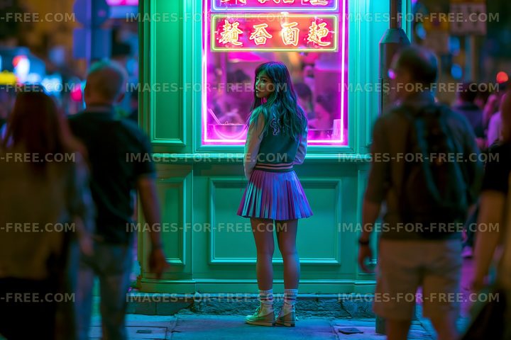 Woman in a skirt stands in front of neon-lit storefront at night