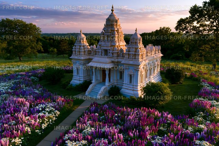 Garden temple surrounded by colorful flowers at sunset