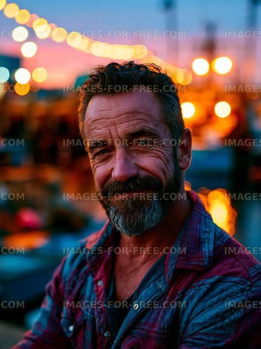 Man smiling at outdoor market during sunset