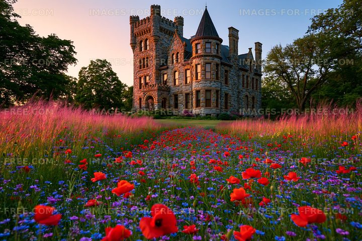 Beautiful castle surrounded by colorful flowers at sunset