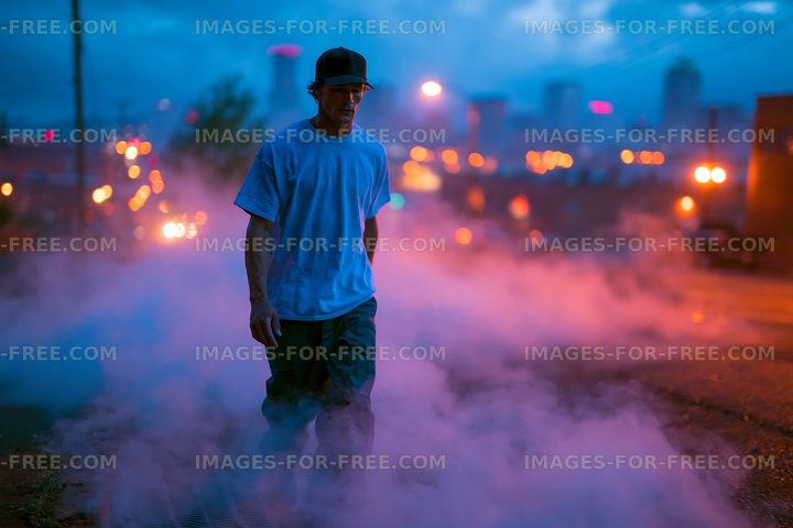 Man walking through fog at night in urban setting