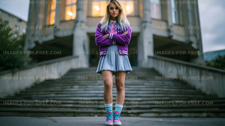 A girl with long hair stands confidently on outdoor steps
