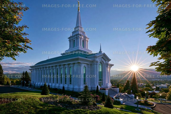 Sunrise at a temple with trees and mountains in the background