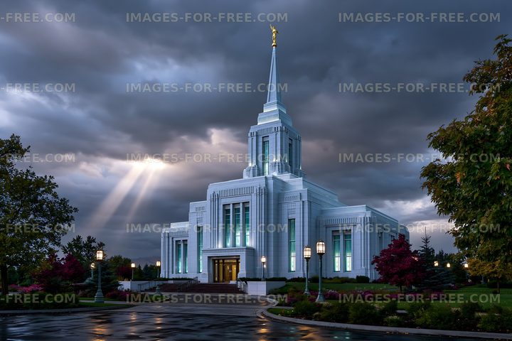Bright light shines on a temple under a cloudy sky