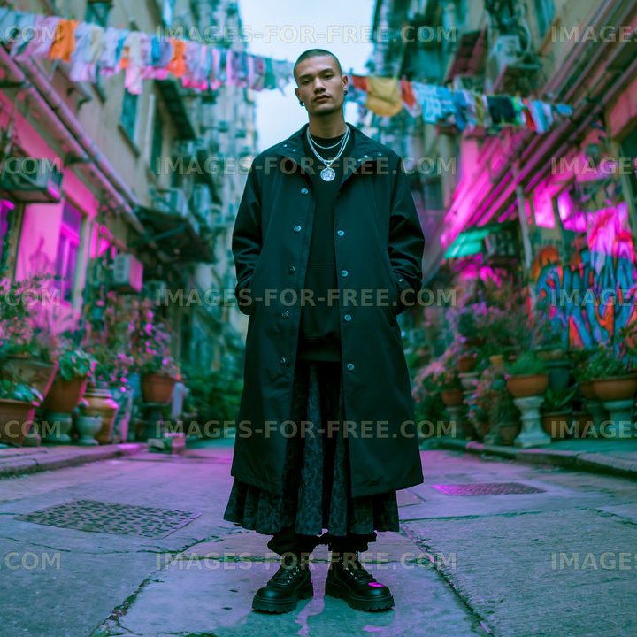 Urban fashion in colorful alley with hanging laundry