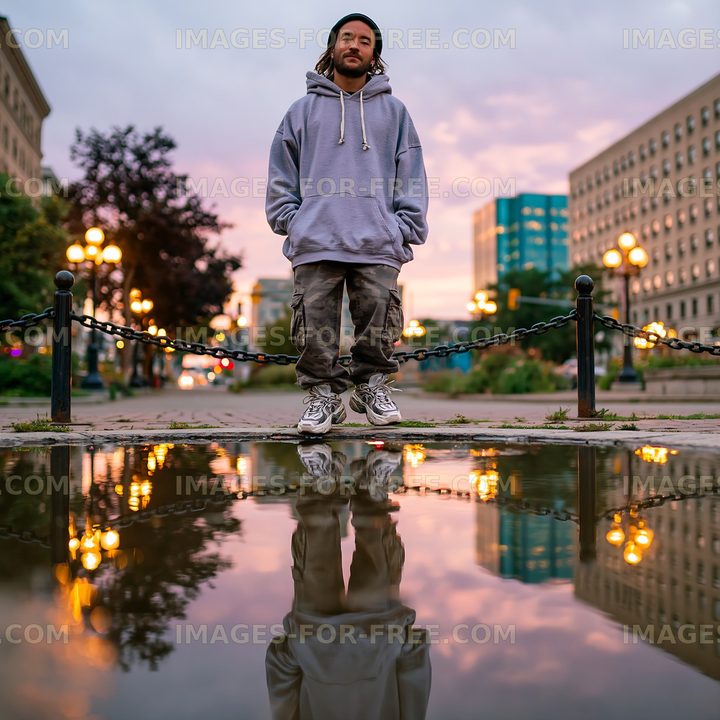 Man standing near water puddle at sunset in urban setting