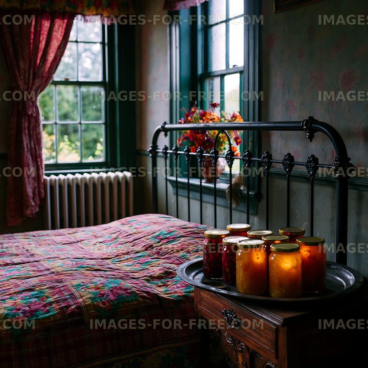 Cozy interior with a bed and candles in a vintage room
