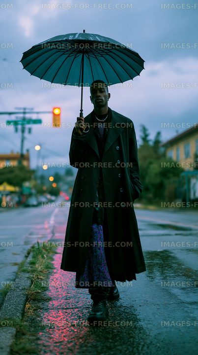 Person walking on a wet street holding an umbrella during the evening