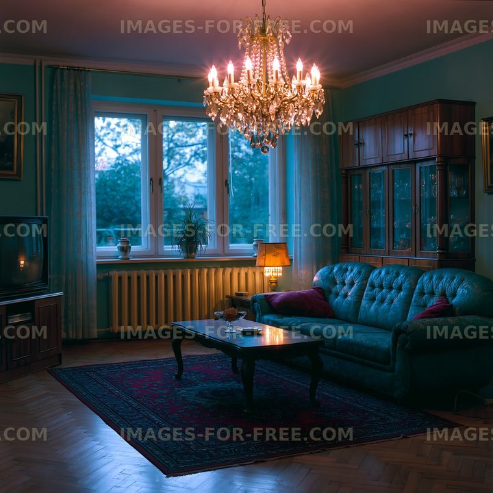 Cozy living room with vintage furniture and chandelier lighting