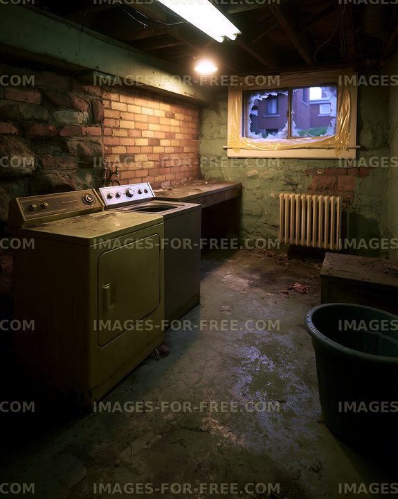 Old laundry room in a basement with washing machine and sink
