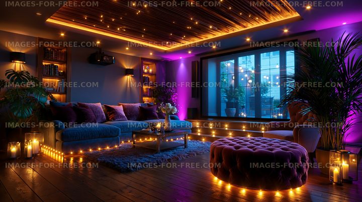 Cozy living room with lights and plants in evening setting