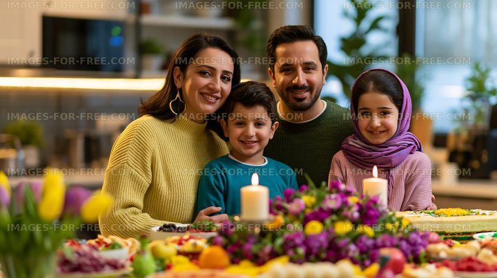 Family gathering with food and flowers during celebration