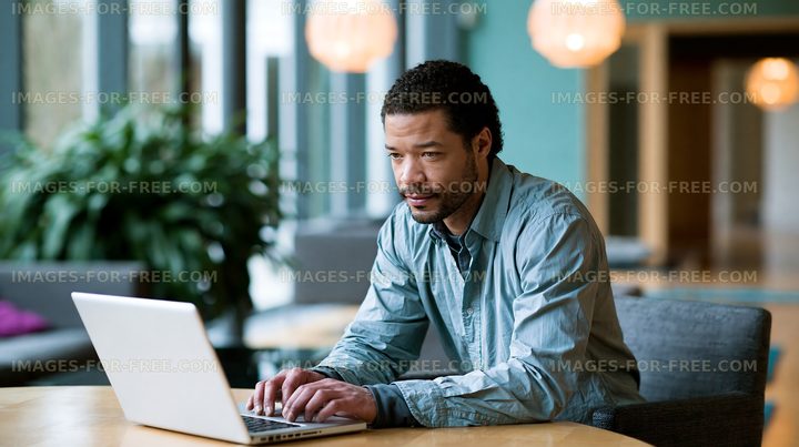 Man working on laptop in bright modern office space