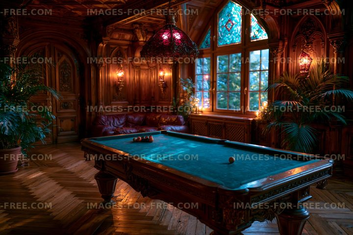 Elegant pool table in a wooden room with large windows