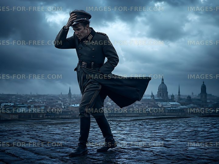Soldier walking on city rooftop during cloudy weather
