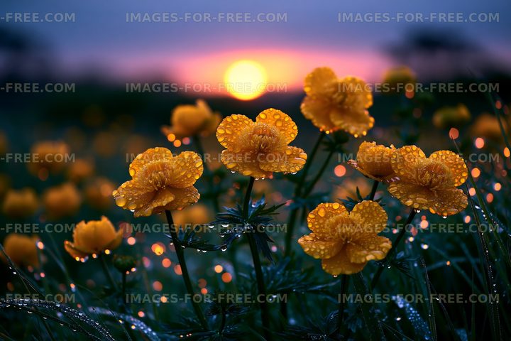 Sunset over yellow flowers with dew in a field