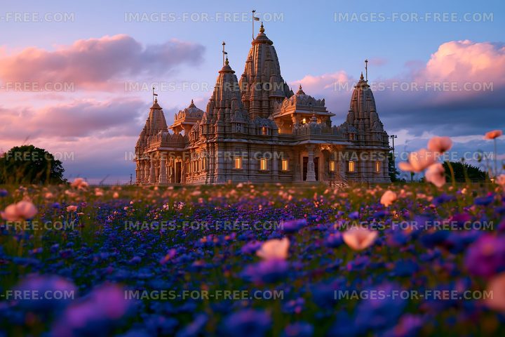 Sunset over a temple with flowers in the foreground