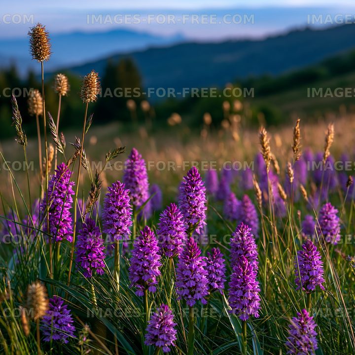 Purple flowers bloom in a field during sunset near a mountain range