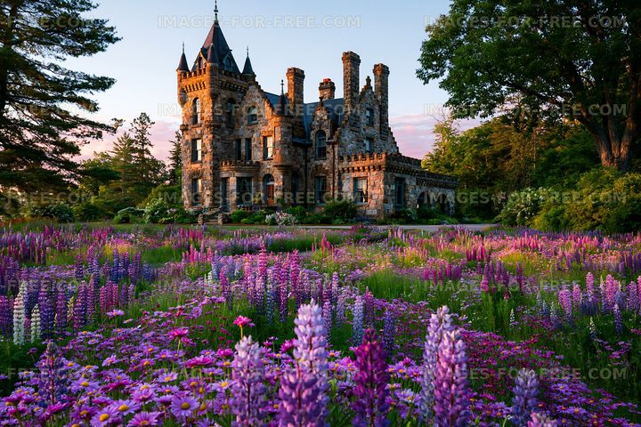 Historic castle surrounded by vibrant flowers at sunset