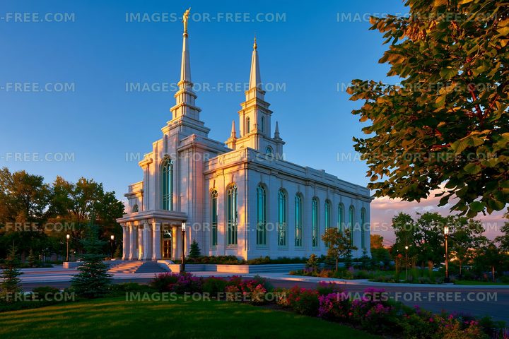 Sunset over a temple with tall spires and landscaped grounds