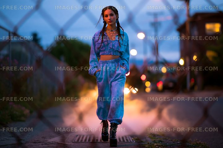 Person walks on the street at night wearing blue outfit and high boots