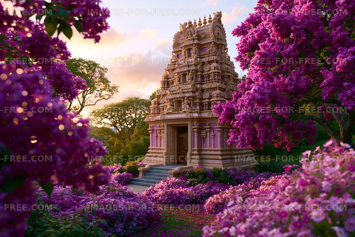 Colorful temple surrounded by flowers during sunset