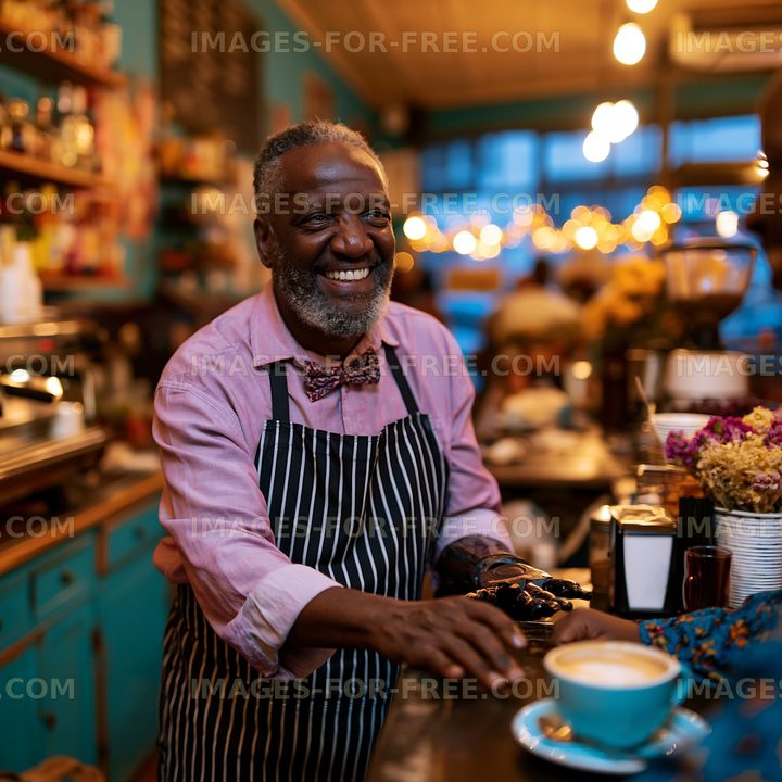 Smiling barista serving coffee in a cozy cafe during the evening