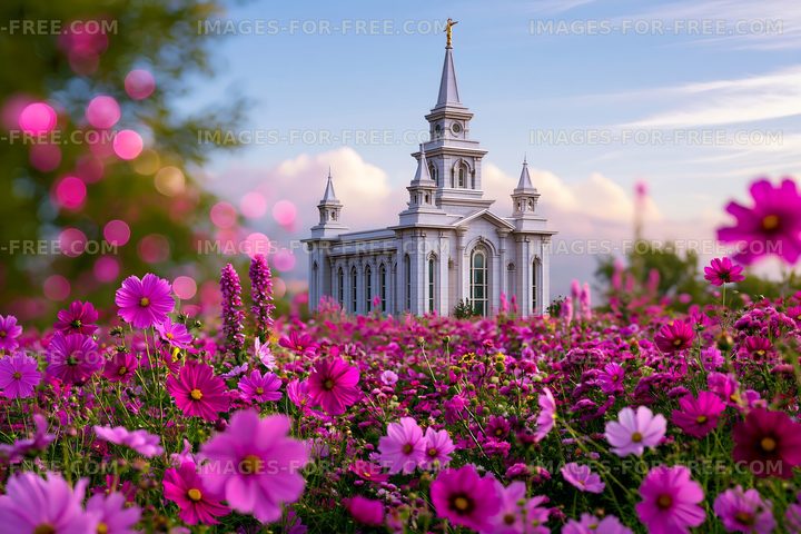 Church surrounded by pink flowers in a garden setting