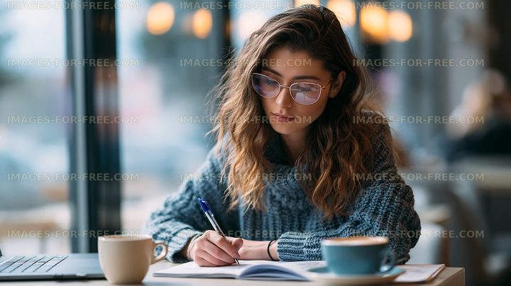 Young woman writing in a cafe with a laptop and coffee