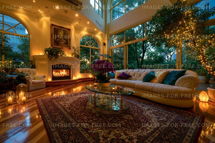 Warm living room with large windows and a cozy fireplace