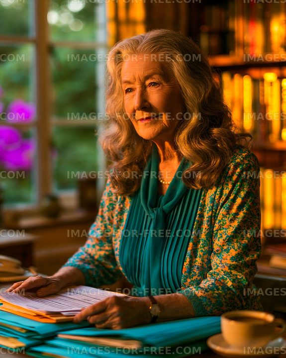 Elderly woman sitting at desk surrounded by folders and books