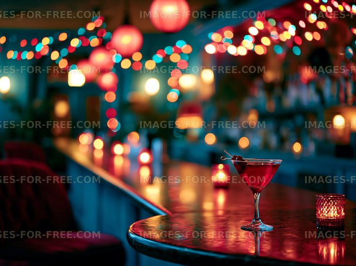 Cocktail on bar with colorful lights in a lively setting