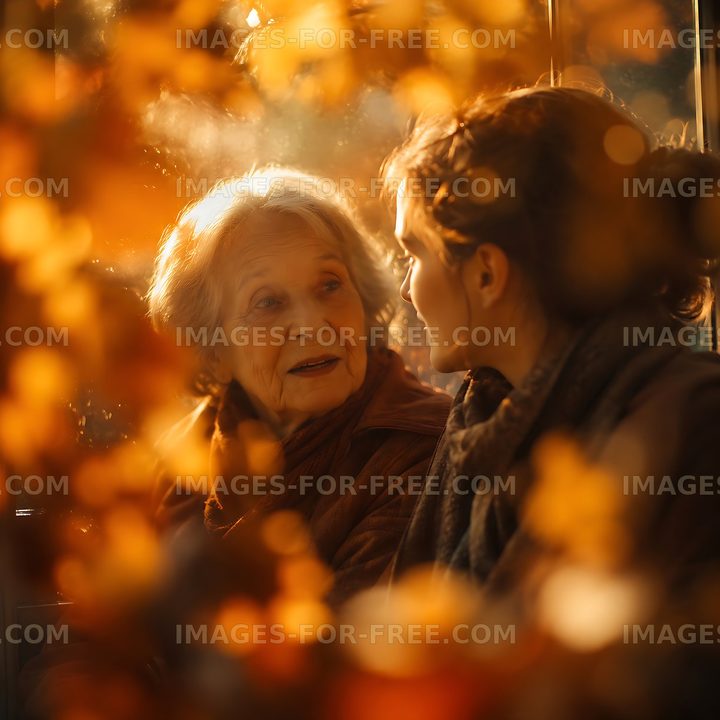 Conversation between two women in warm autumn light