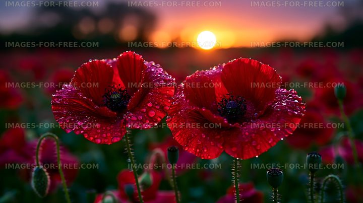 Red poppies in a field at sunset with dew drops