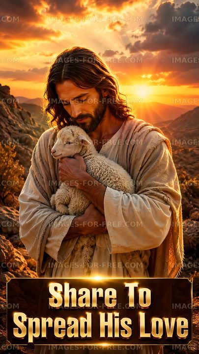 Man holding sheep during sunset in rocky landscape