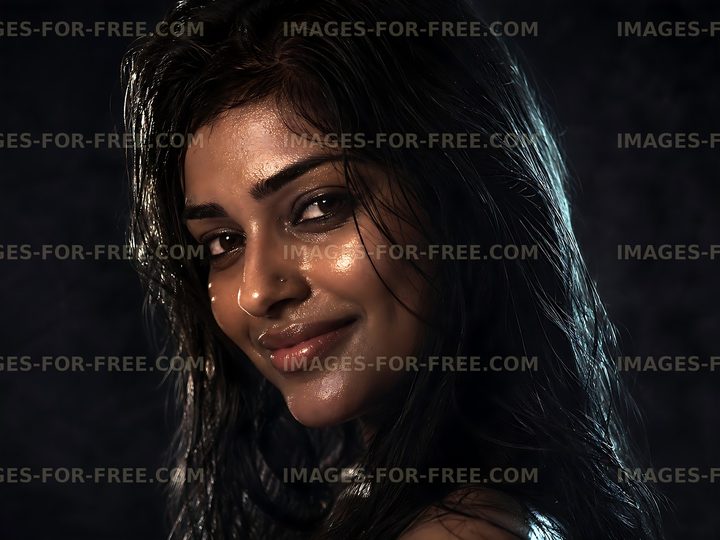 Woman smiling with wet hair in a dark background