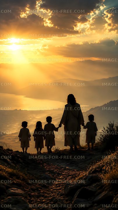 Children holding hands while walking towards sunset by the hills