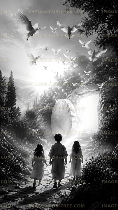 Children walking towards light through a stone pathway